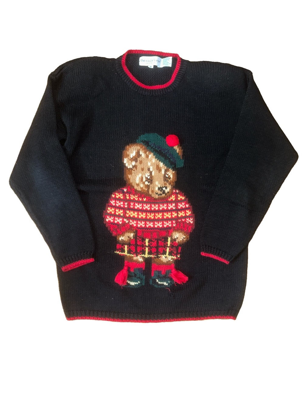 Vintage Hand-Knit Bear Sweater with Red Trim and Tassels